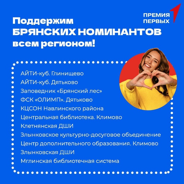 Брянские организации вошли в рейтинг ТОП-1000 номинантов «Премии Первых» — главной детской премии страны..